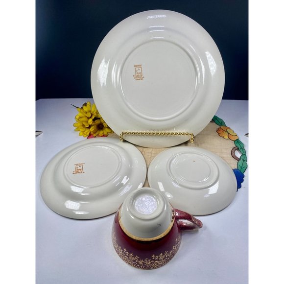 Aristocrat by Salem century maroon set 4 pieces, tea cup set, 23K gold encrusted - Picture 7 of 16